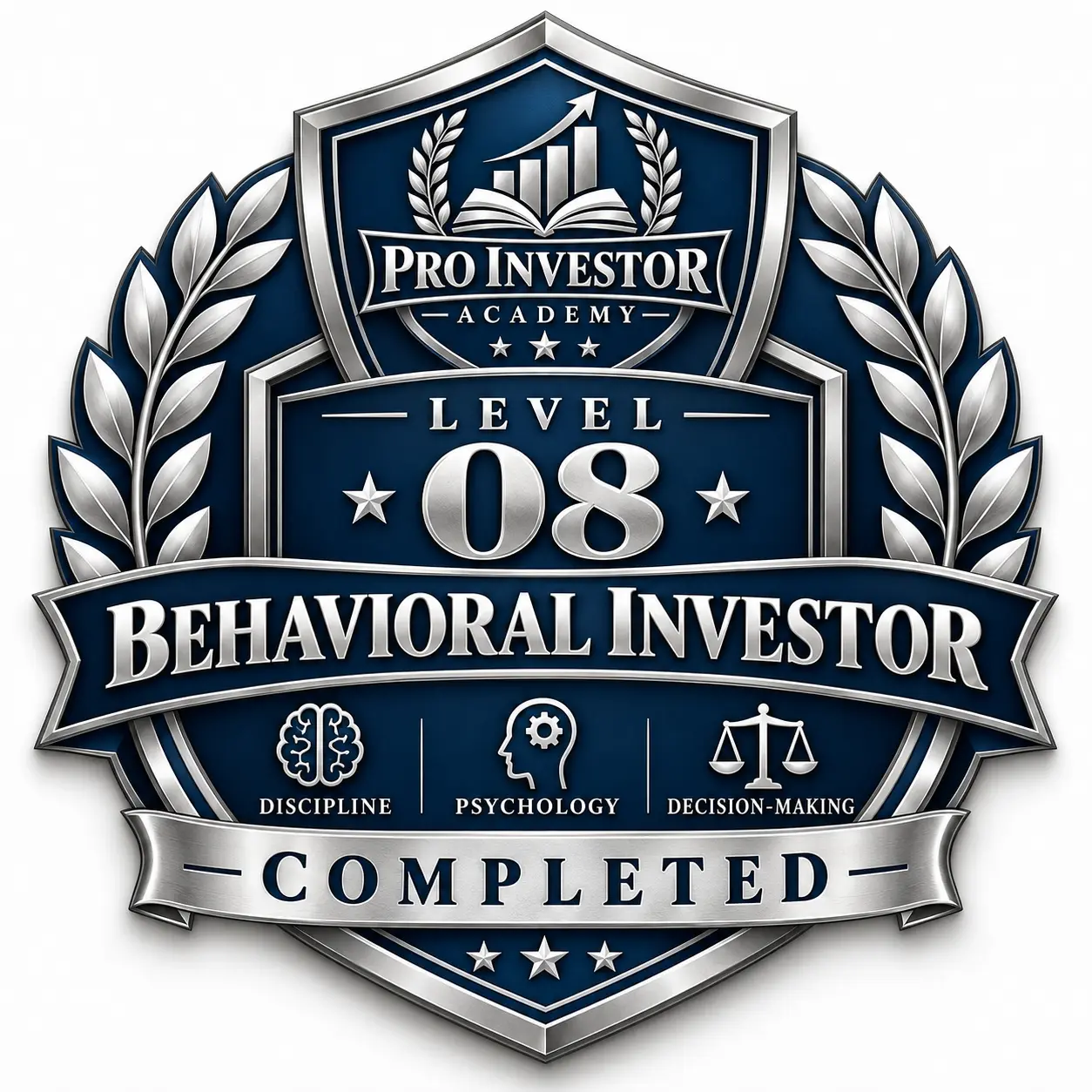 Pro Investor Academy Level 08 Behavioral Investor completion badge (locked)