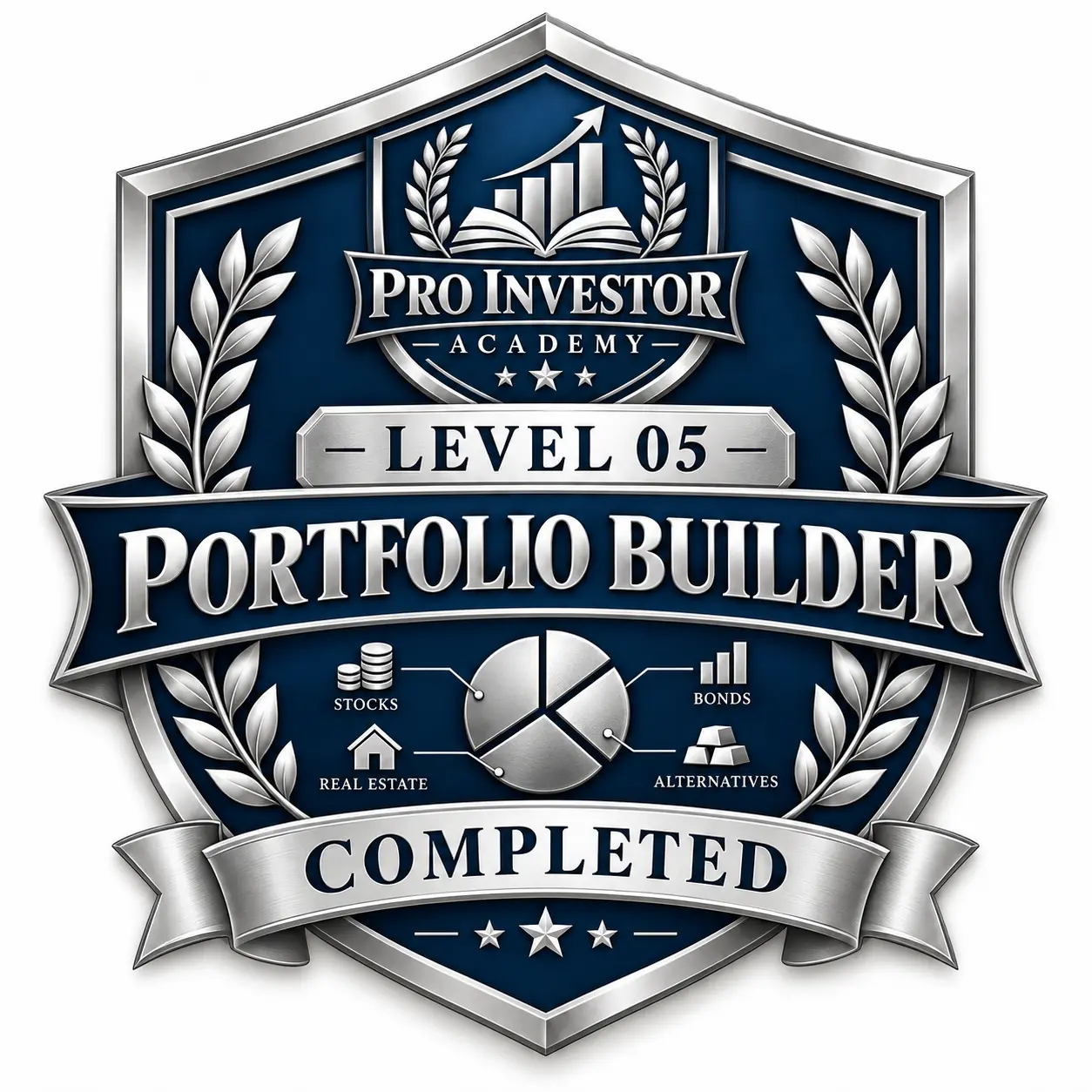 Pro Investor Academy Level 05 Portfolio Builder completion badge (locked)
